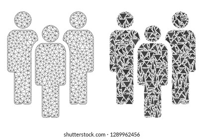 Mesh vector people with flat mosaic icon isolated on a white background. Abstract lines, triangles, and points forms people icons. Wire carcass flat polygonal linear mesh in vector format,