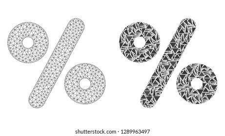 Mesh vector percent with flat mosaic icon isolated on a white background. Abstract lines, triangles, and points forms percent icons. Wire carcass 2D polygonal line mesh in vector format,