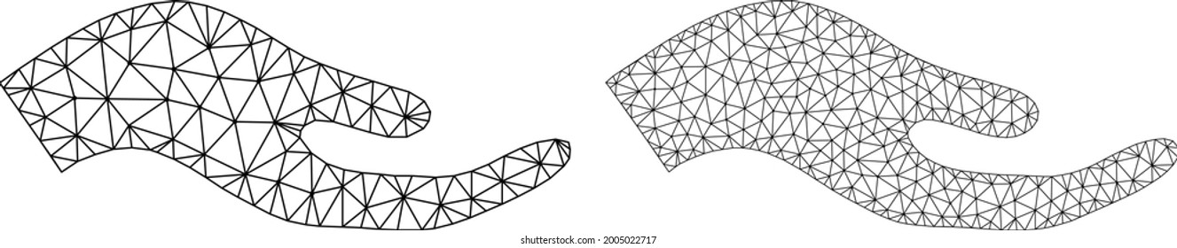 Mesh vector petition hand icons. Mesh carcass petition hand images in low poly style with combined triangles, dots and lines. Mesh concept of triangulated petition hand, on a white background.