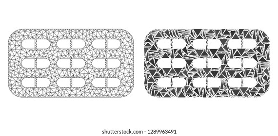 Mesh vector pill blister with flat mosaic icon isolated on a white background. Abstract lines, triangles, and points forms pill blister icons.