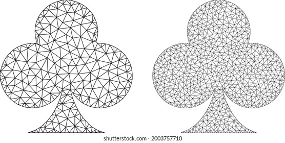 Mesh vector playing card club suit icons. Mesh wireframe playing card club suit images in low poly style with connected triangles, dots and lines. Mesh model of triangulated playing card club suit,