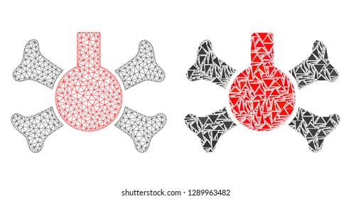 Mesh vector poison flask with flat mosaic icon isolated on a white background. Abstract lines, triangles, and points forms poison flask icons.