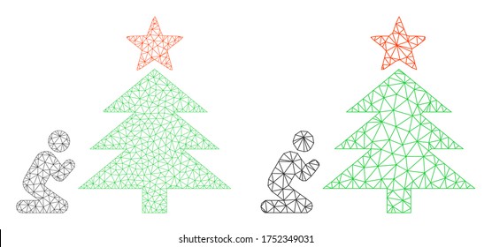 Mesh Vektorgrafik beten zu Weihnachtsbaumsymbol. Mesh-Schlachtkörper beten zu Weihnachtsbaumbild im Low-Poly-Stil mit kombinierten Dreiecken, Punkten und linearen Gegenständen.