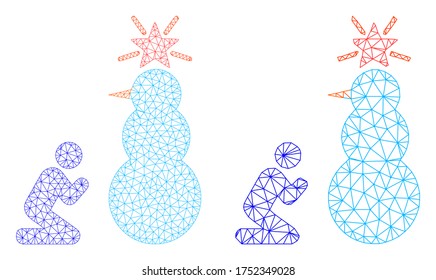 Mesh vector pray to holy snowman icon. Mesh carcass pray to holy snowman image in low poly style with structured triangles, points and lines. Mesh illustration of triangulated pray to holy snowman,