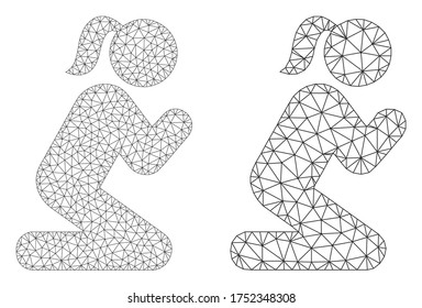 Mesh vector praying girl icon. Mesh wireframe praying girl image in lowpoly style with organized triangles, nodes and linear items. Mesh illustration of triangulated praying girl,