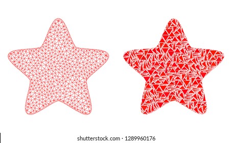 Mesh vector red star with flat mosaic icon isolated on a white background. Abstract lines, triangles, and points forms red star icons. Wire carcass flat triangular linear mesh in vector format,