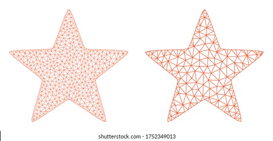 Mesh vector red star icon. Mesh carcass red star image in low poly style with combined triangles, points and lines. Mesh composition of triangulated red star, on a white background.