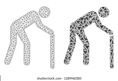 Mesh vector retired persona with flat mosaic icon isolated on a white background. Abstract lines, triangles, and points forms retired persona icons.