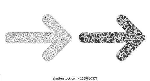 Mesh vector right arrow with flat mosaic icon isolated on a white background. Abstract lines, triangles, and points forms right arrow icons. Wire frame 2D polygonal line mesh in vector format,