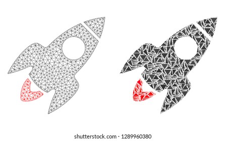 Mesh vector rocket flight with flat mosaic icon isolated on a white background. Abstract lines, triangles, and points forms rocket flight icons.