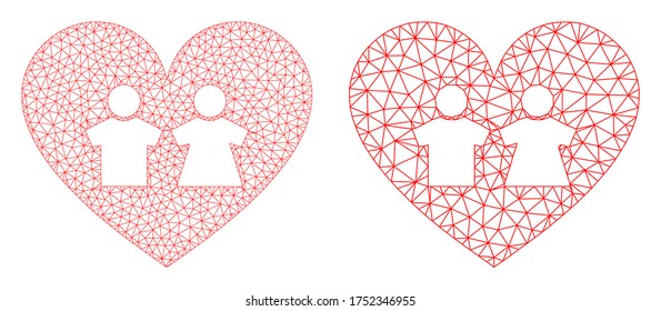 Mesh vector romantic heart icon. Mesh wireframe romantic heart image in low poly style with connected triangles, points and linear items. Mesh composition of triangulated romantic heart,