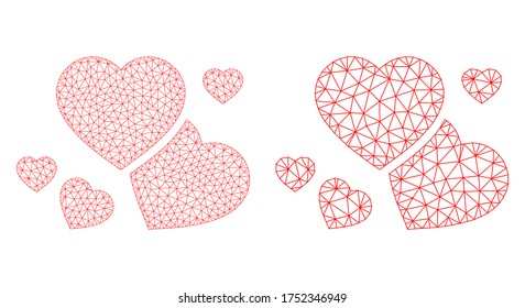 Mesh vector romantic hearts icon. Mesh carcass romantic hearts image in lowpoly style with structured triangles, dots and linear items. Mesh illustration of triangulated romantic hearts,