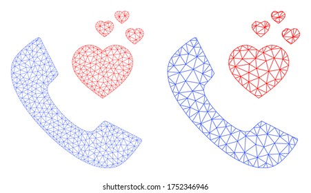 Icono de teléfono romántico vector de malla. Caracas de malla imagen romántica del teléfono en estilo de polos bajos con triángulos organizados, puntos y líneas. Modelo de malla de teléfono romántico triangulado, con fondo blanco.
