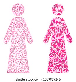 Mesh vector sad woman with flat mosaic icon isolated on a white background. Abstract lines, triangles, and points forms sad woman icons. Wire carcass flat polygonal line mesh in vector format,