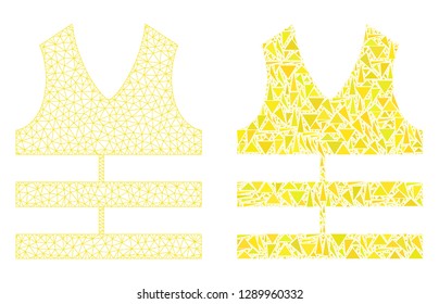Mesh vector safety vest with flat mosaic icon isolated on a white background. Abstract lines, triangles, and points forms safety vest icons. Wire carcass flat triangular linear mesh in vector format,