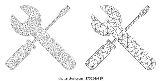 Mesh vector screwdrivers and wrench icon. Mesh carcass screwdrivers and wrench image in low poly style with structured triangles, nodes and linear items.