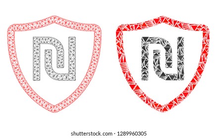 Mesh vector shekel shield with flat mosaic icon isolated on a white background. Abstract lines, triangles, and points forms shekel shield icons.