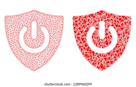 Mesh vector shield turn off with flat mosaic icon isolated on a white background. Abstract lines, triangles, and points forms shield turn off icons.