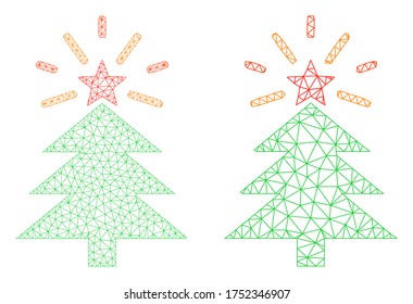 Mesh vector shine Christmas tree icon. Mesh carcass shine Christmas tree image in low poly style with structured triangles, points and lines. Mesh composition of triangulated shine Christmas tree,