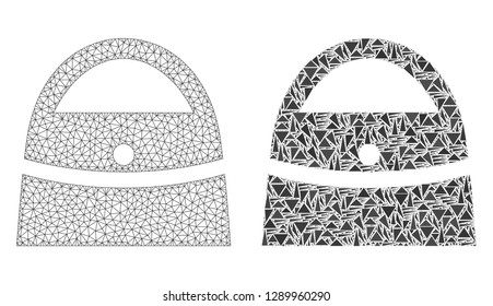 Mesh vector shopping bag with flat mosaic icon isolated on a white background. Abstract lines, triangles, and points forms shopping bag icons. Wire frame 2D polygonal line mesh in vector format,
