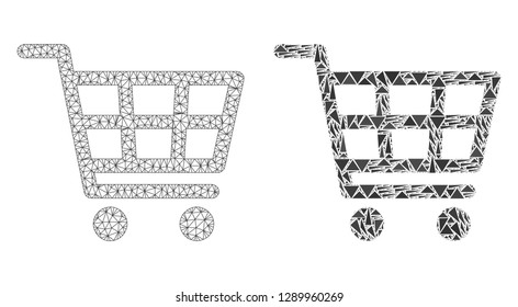 Mesh vector shopping cart with flat mosaic icon isolated on a white background. Abstract lines, triangles, and points forms shopping cart icons. Wire frame flat triangular line mesh in vector format,