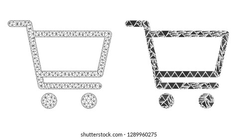 Mesh vector shopping cart with flat mosaic icon isolated on a white background. Abstract lines, triangles, and points forms shopping cart icons. Wire frame flat polygonal linear mesh in vector format,
