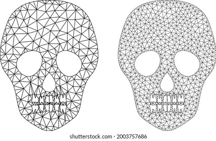 Mesh vector skull icons. Mesh wireframe skull images in lowpoly style with structured triangles, nodes and lines. Mesh composition of triangulated skull, on a white background.