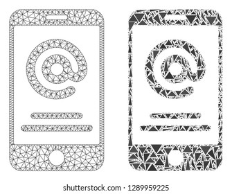 Mesh vector smartphone address info with flat mosaic icon isolated on a white background. Abstract lines, triangles, and points forms smartphone address info icons.