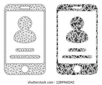 Mesh vector smartphone user info with flat mosaic icon isolated on a white background. Abstract lines, triangles, and points forms smartphone user info icons.
