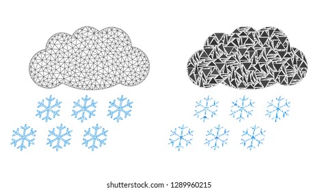 Mesh vector snow cloud with flat mosaic icon isolated on a white background. Abstract lines, triangles, and points forms snow cloud icons. Wire carcass flat triangular linear mesh in vector format,