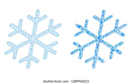 Mesh vector snowflake with flat mosaic icon isolated on a white background. Abstract lines, triangles, and points forms snowflake icons. Wire carcass flat triangular linear mesh in vector format,