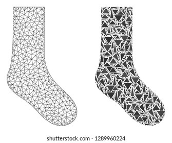 Mesh vector sock with flat mosaic icon isolated on a white background. Abstract lines, triangles, and points forms sock icons. Wire carcass flat triangular line mesh in vector format,