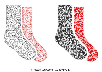 Mesh vector socks with flat mosaic icon isolated on a white background. Abstract lines, triangles, and points forms socks icons. Wire carcass flat triangular linear mesh in vector format,