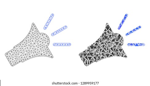 Mesh vector sound speaker with flat mosaic icon isolated on a white background. Abstract lines, triangles, and points forms sound speaker icons.