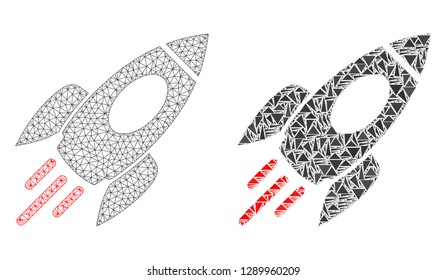 Mesh vector space rocket with flat mosaic icon isolated on a white background. Abstract lines, triangles, and points forms space rocket icons. Wire frame flat triangular linear mesh in vector format,