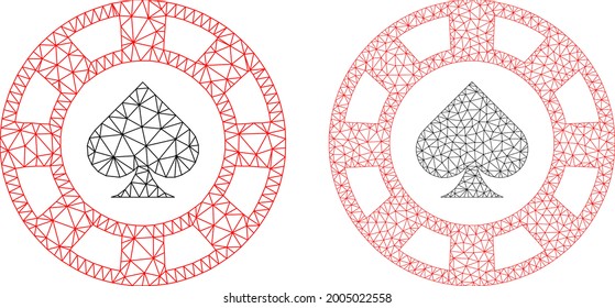 Die Mesh Vektorgrafik überragt die Chip-Symbole des Casinos. Der Mesh Carcass umhüllt Casino-Chip-Bilder im Low-Poly-Stil mit strukturierten Dreiecken, Knoten und Linien. Mesh-Modell der triangulierten Pik-Casino-Chip,
