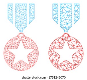 Mesh vector star medal icon. Mesh wireframe star medal image in lowpoly style with combined triangles, points and linear items. Mesh composition of triangulated star medal, on a white background.