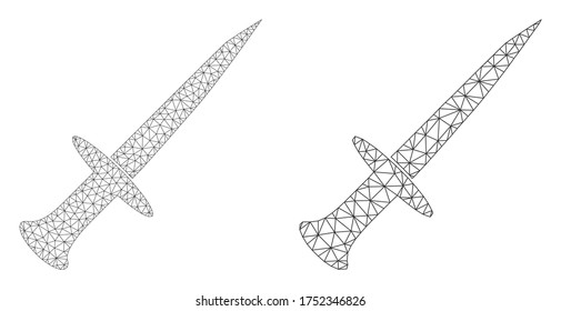 Icono de espada vector de malla. Imagen de la espada de la canal de malla en un estilo bajo con triángulos, puntos y elementos lineales conectados. Composición en malla de la espada triangulada, sobre un fondo blanco.