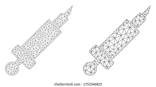 Mesh vector syringe icon. Mesh carcass syringe image in low poly style with organized triangles, points and linear items. Mesh concept of triangulated syringe, on a white background.