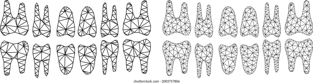 Mesh vector teeth jaw icons. Mesh wireframe teeth jaw images in low poly style with structured triangles, points and linear items. Mesh concept of triangulated teeth jaw, on a white background.