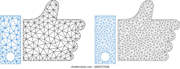 Mesh vector thumb up icons. Mesh carcass thumb up images in low poly style with combined triangles, points and linear items. Mesh concept of triangulated thumb up, on a white background.