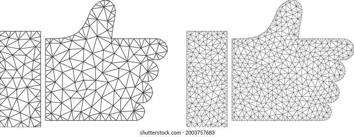 Mesh vector thumb up icons. Mesh carcass thumb up images in low poly style with combined triangles, dots and linear items. Mesh model of triangulated thumb up, on a white background.