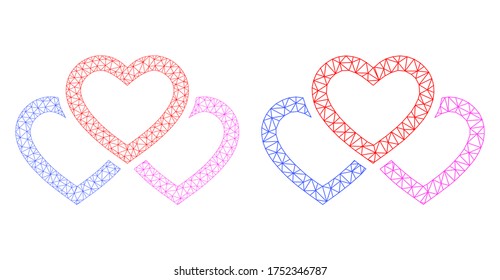 Mesh vector triple love hearts icon. Mesh carcass triple love hearts image in low poly style with combined triangles, nodes and lines. Mesh concept of triangulated triple love hearts,