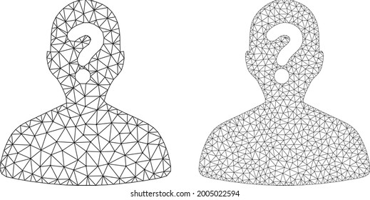 Mesh vector unknown body icons. Mesh wireframe unknown body images in low poly style with combined triangles, dots and lines. Mesh model of triangulated unknown body, on a white background.