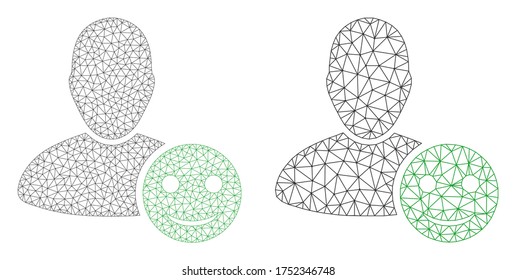 Mesh vector user happy emotion icon. Mesh wireframe user happy emotion image in low poly style with organized triangles, nodes and linear items. Mesh concept of triangulated user happy emotion,