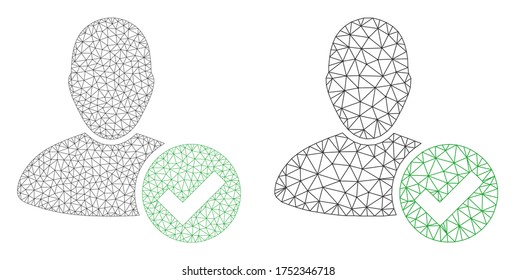 Mesh vector valid user icon. Mesh wireframe valid user image in low poly style with combined triangles, points and lines. Mesh model of triangulated valid user, on a white background.