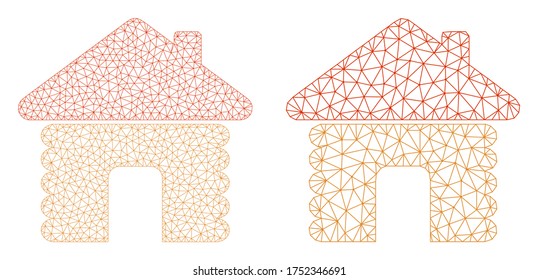 Mesh vector wooden house icon. Mesh carcass wooden house image in low poly style with combined triangles, dots and lines. Mesh concept of triangulated wooden house, on a white background.