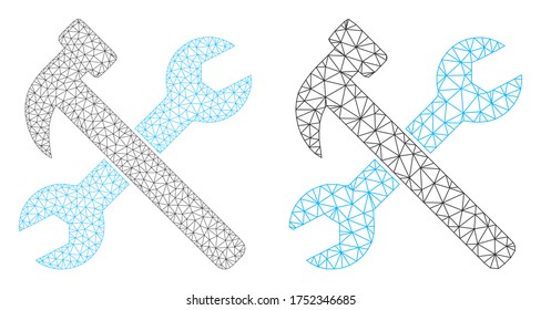 Mesh vector wrench and hammer icon. Mesh carcass wrench and hammer image in low poly style with combined triangles, points and linear items. Mesh illustration of triangulated wrench and hammer,