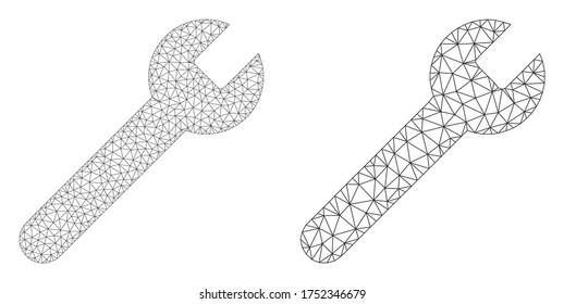 Mesh vector wrench icon. Mesh wireframe wrench image in lowpoly style with organized triangles, dots and linear items. Mesh composition of triangulated wrench, on a white background.