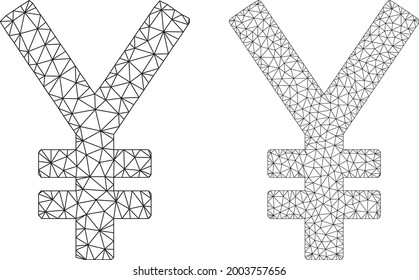 Mesh vector yen icons. Mesh carcass yen images in low poly style with connected triangles, dots and lines. Mesh composition of triangulated yen, on a white background.